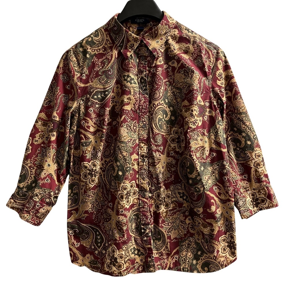 Chaps Top Womens 2X Dark Burgundy Paisley Button Down Shirt Preppy Office Career